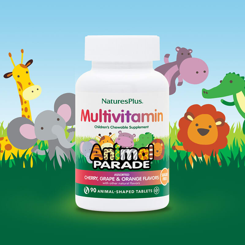 NaturesPlus, Source of Life, Animal Parade, Children's Chewable Multi-Vitamin & Mineral Supplement, Sugar Free, Assorted, 90 Animal-Shaped Tablets