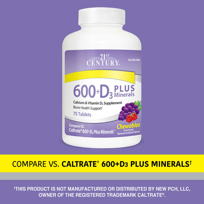 21st Century, 600 + D3 Plus Minerals, Fruit Punch, 75 Chewable Tablets