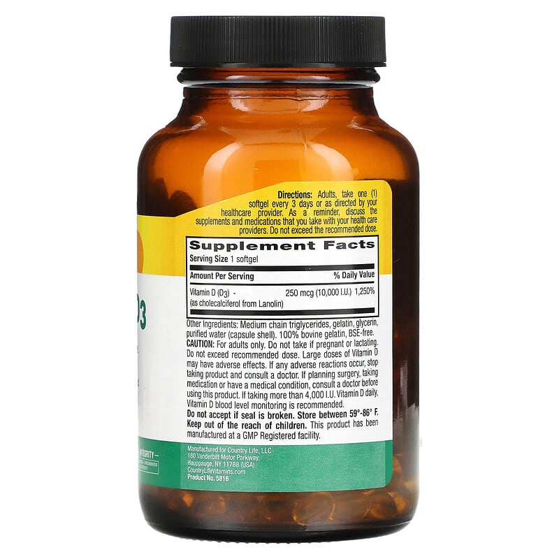 Country Life, High Potency Vitamin D3, 250 mcg (10,000 IU), 200 Softgels