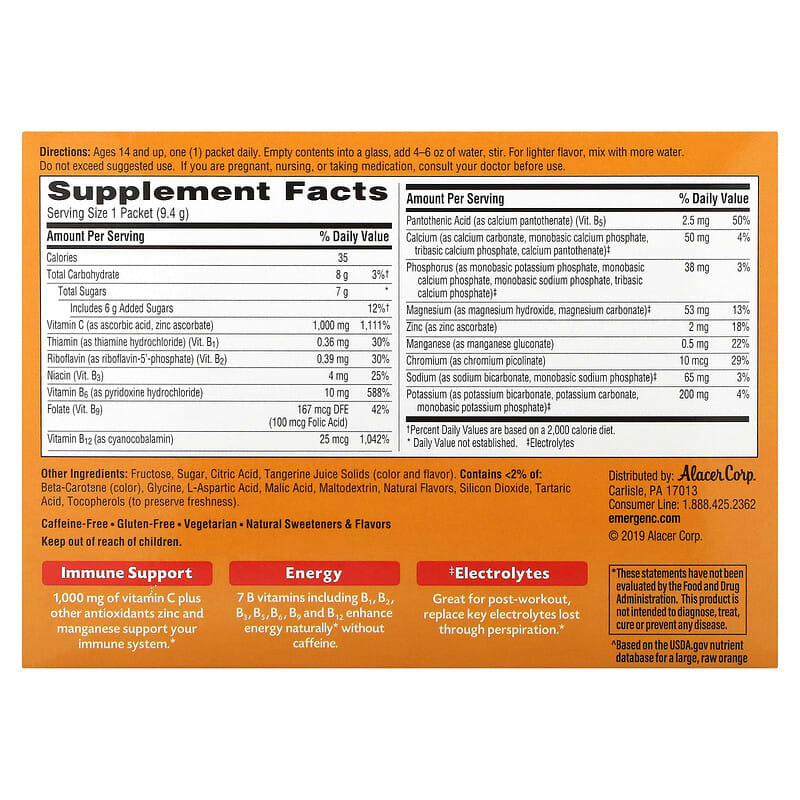 Emergen-C, Vitamin C, Flavored Fizzy Drink Mix, Tangerine, 1,000 mg, 30 Packets, 0.33 oz (9.4 g) Each