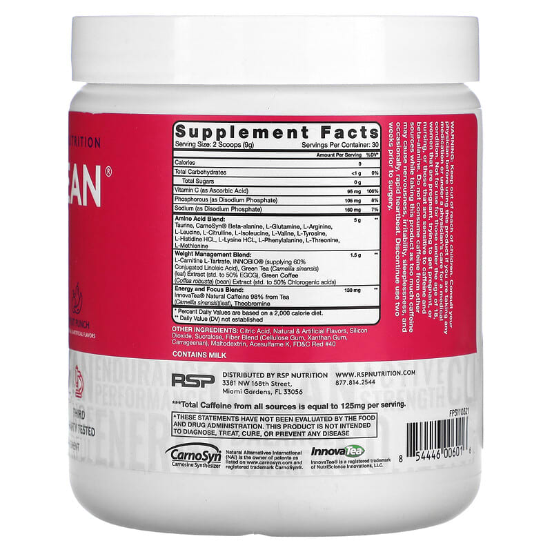 RSP Nutrition, AminoLean, Fruit Punch, 9.52 oz (270 g)