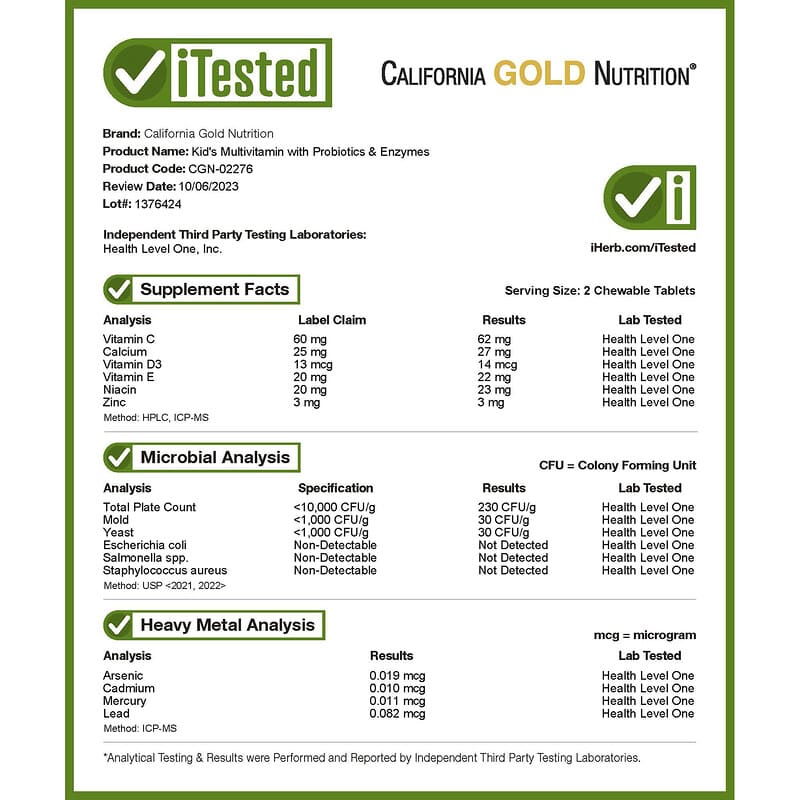 California Gold Nutrition, Chewable Multivitamins with Probiotics & Enzymes for Children, Assorted Fruit Flavors, 60 Vegetarian Tablets