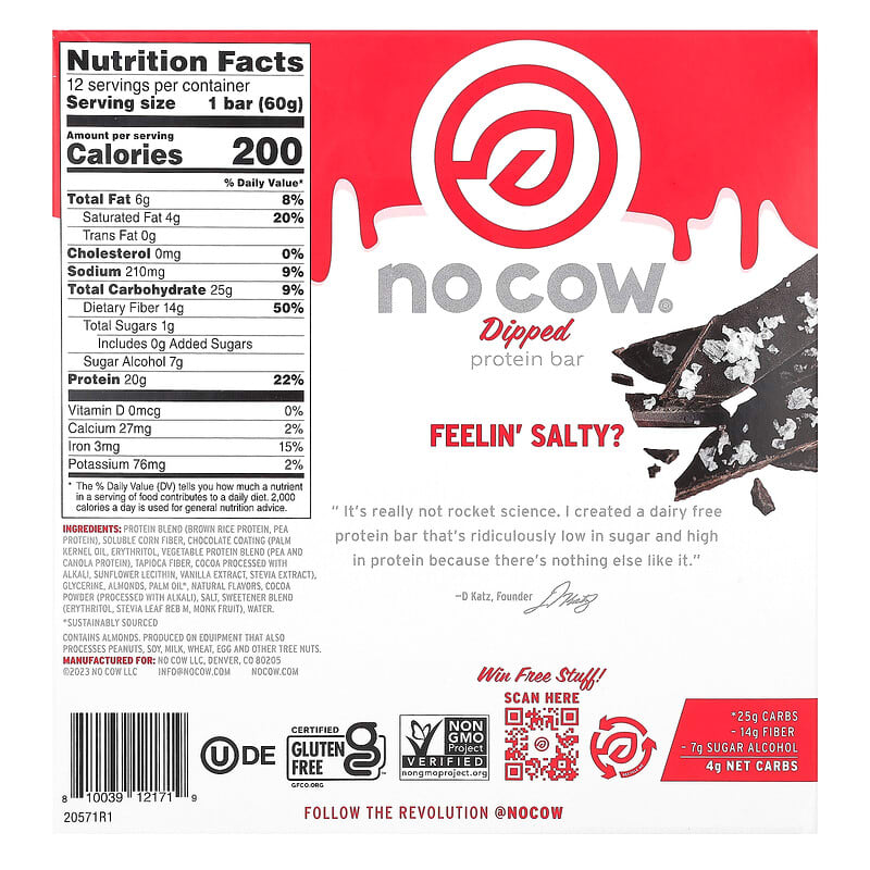 No Cow, Dipped Protein Bar, Chocolate Sea Salt, 12 Bars, 2.12 oz (60 g) Each