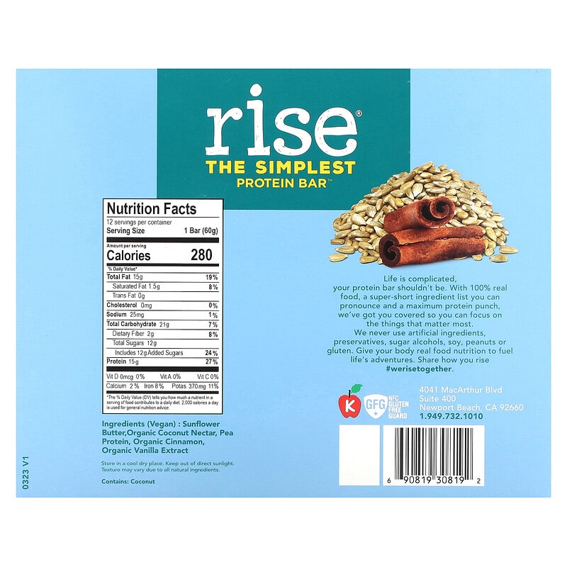 Rise Bar, The Simplest Protein Bar, Sunflower Cinnamon, 12 Bars, 2.1 oz (60 g) Each
