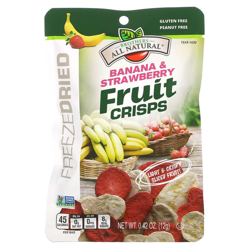 Brothers-All-Natural, Freeze Dried Fruit Crisps, Banana & Strawberry, 12 Single-Serve Bags, 0.42 oz (12 g) Each