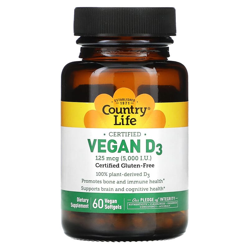 Country Life, Certified Vegan D3, 125 mcg (5,000 IU), 60 Vegan Softgels