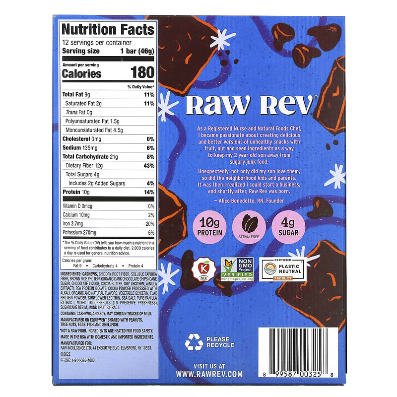 Raw Rev, Double Chocolate Brownie Batter, 12 Bars, 1.6 oz (46 g) Each