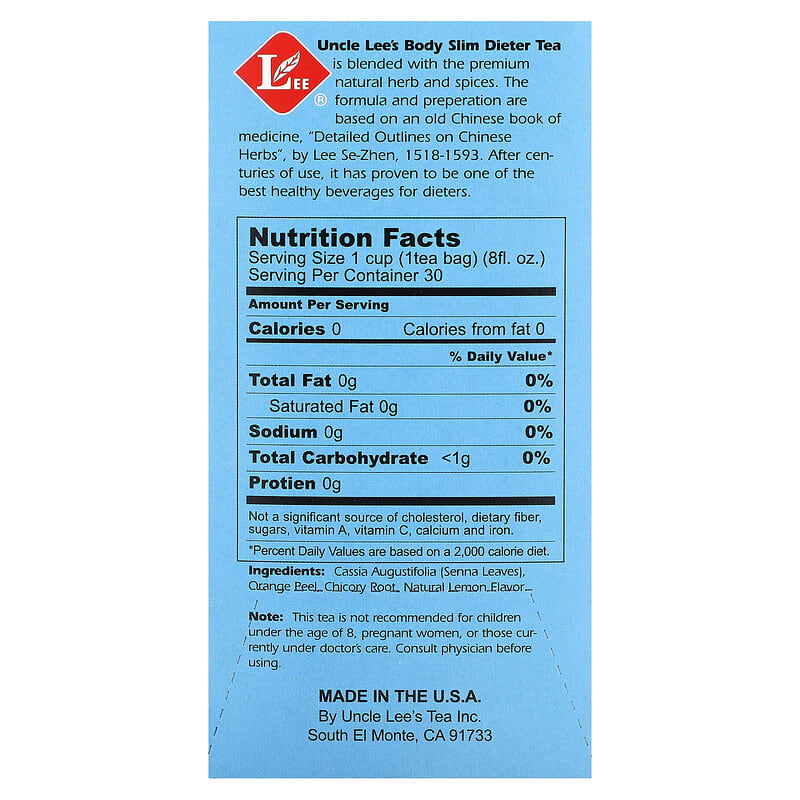 Uncle Lee's Tea, Body Slim Dieter Tea, Lemon, Caffeine Free, 30 Tea Bags, 2.12 oz (60 g)