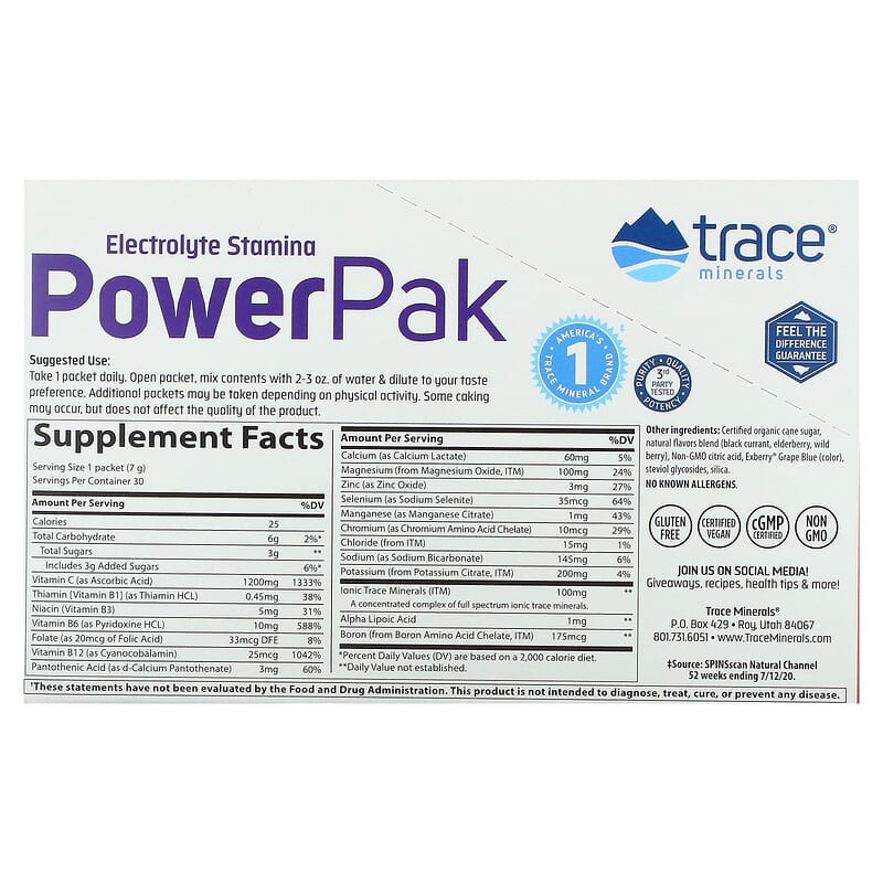 Trace Minerals ®, Electrolyte Stamina PowerPak, Mixed Berry, 30 Packets, 0.25 oz (7 g) Each