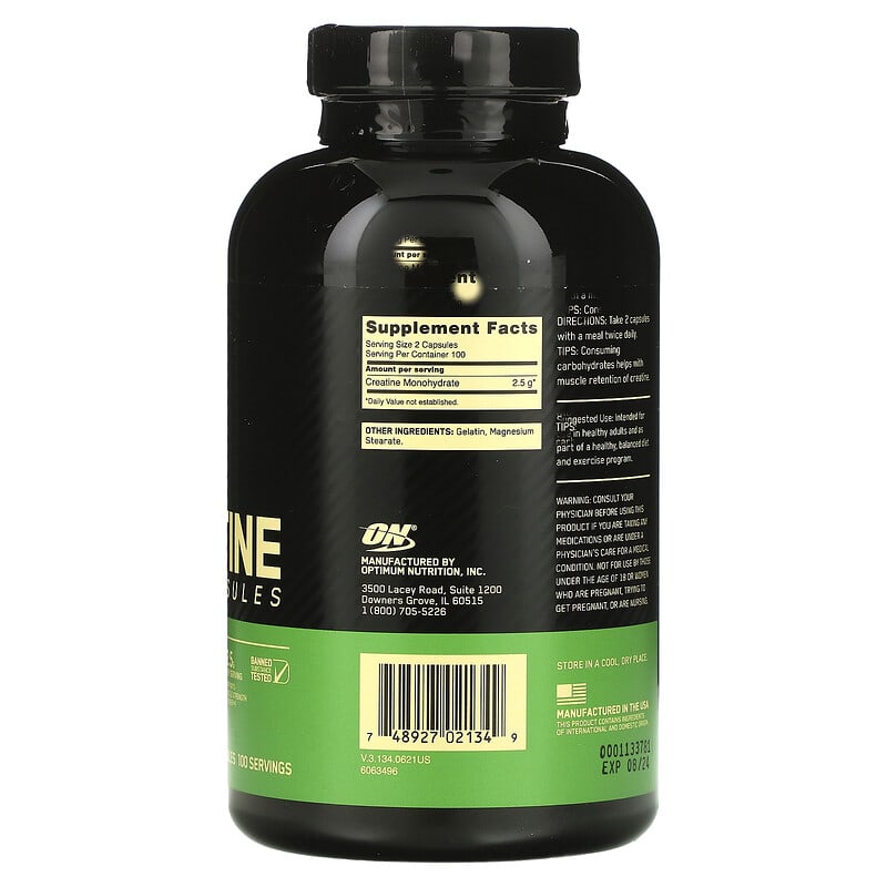 Optimum Nutrition, Micronized Creatine Capsules, 1.25 g, 200 Capsules