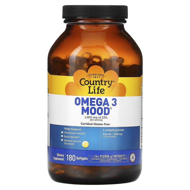 Country Life, Omega 3 Mood, Natural Lemon, 180 Softgels