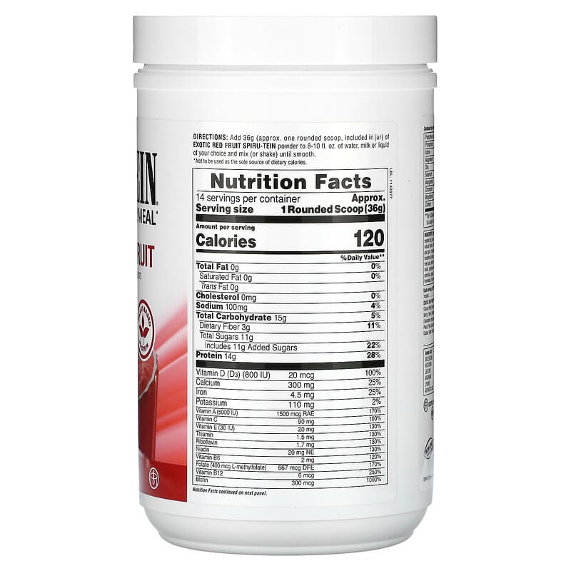 NaturesPlus, Spiru-Tein, Protein Powder Meal, Exotic Red Fruit, 1.1 lbs (504 g)