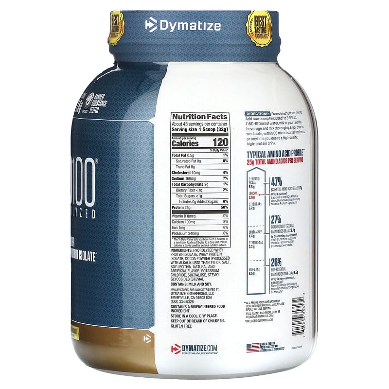 Dymatize, ISO100 Hydrolyzed, 100% Whey Protein Isolate, Gourmet Chocolate, 3 lb (1.4 kg)