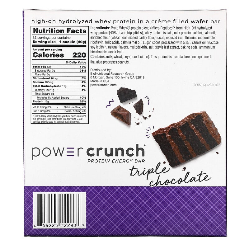 BNRG, Power Crunch Protein Energy Bar, Triple Chocolate, 12 Bars, 1.4 oz (40 g) Each