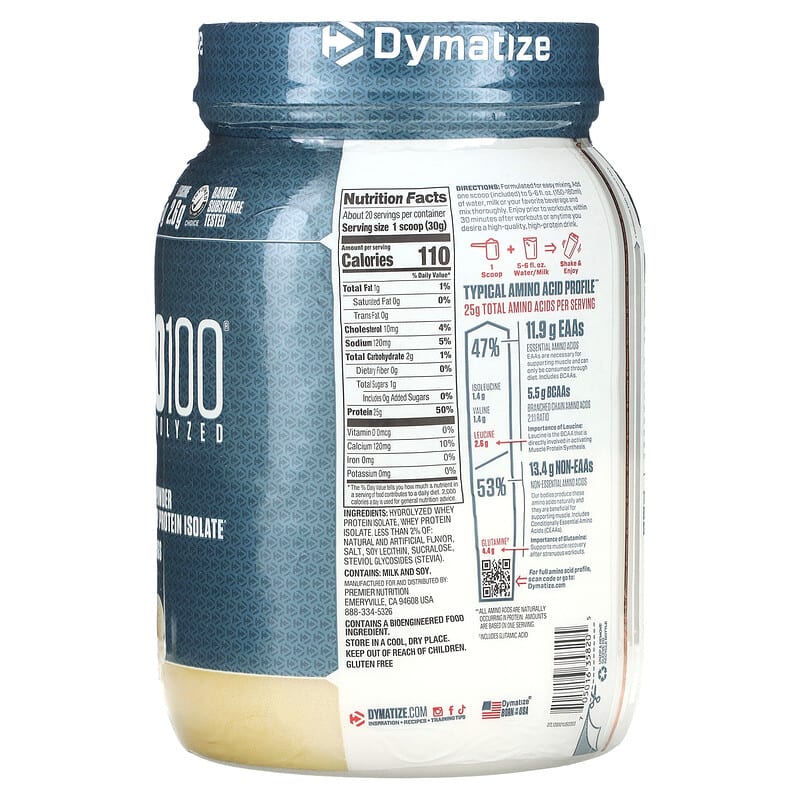 Dymatize, ISO100, Hydrolyzed, 100% Whey Protein Isolate, Gourmet Vanilla, 1.34 lb (610 g)