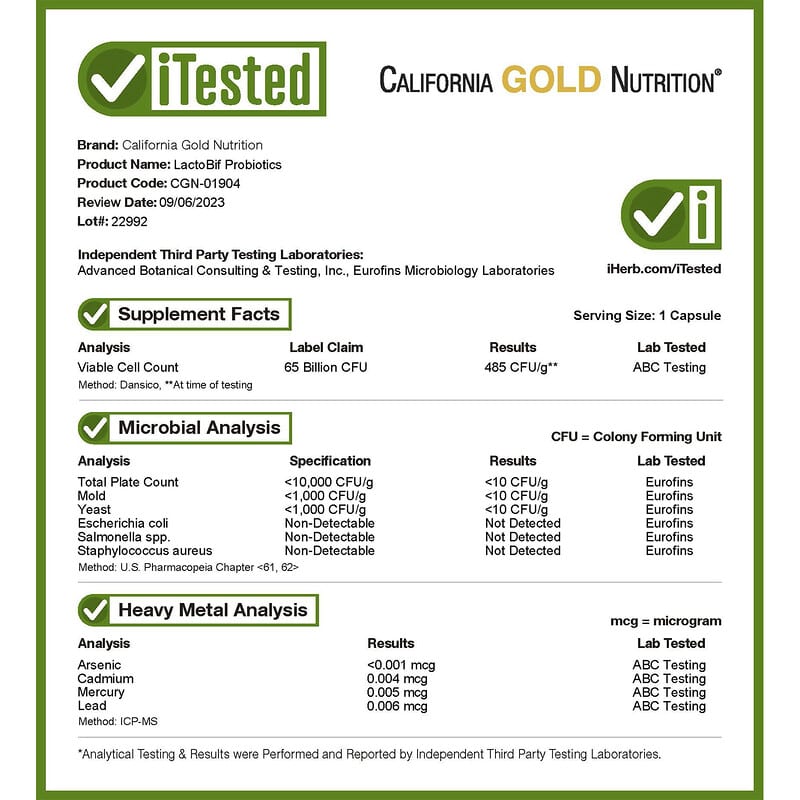 California Gold Nutrition, LactoBif 65 Probiotics, 65 Billion CFU, 30 Veggie Capsules