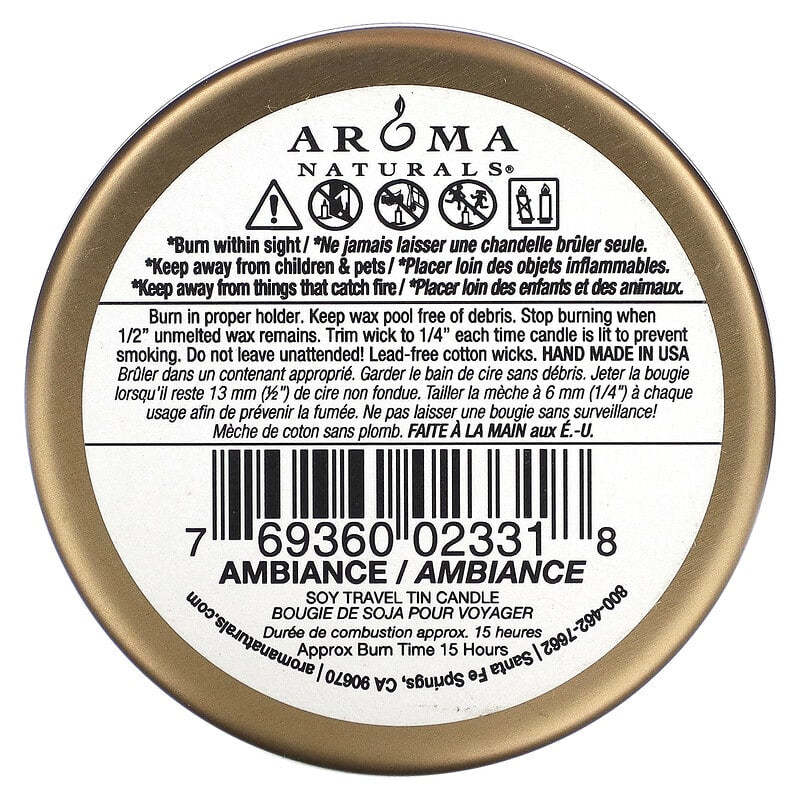 Aroma Naturals, Soy VegePure, Travel Tin Candle, Ambiance, Orange & Lemongrass, 2.8 oz (79.38 g)