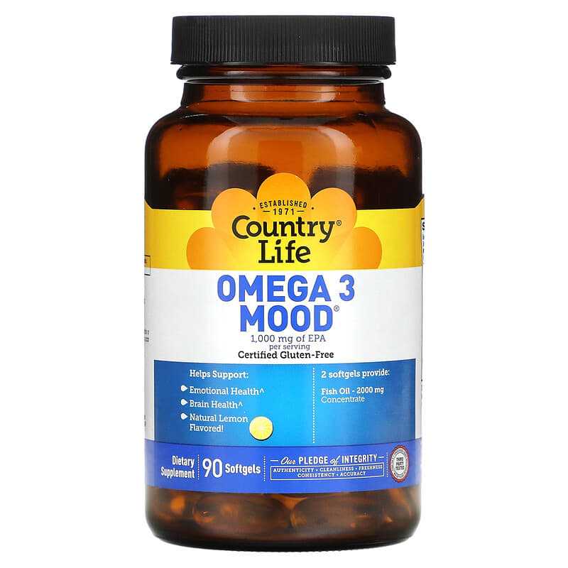 Country Life, Omega 3 Mood, Natural Lemon, 90 Softgels