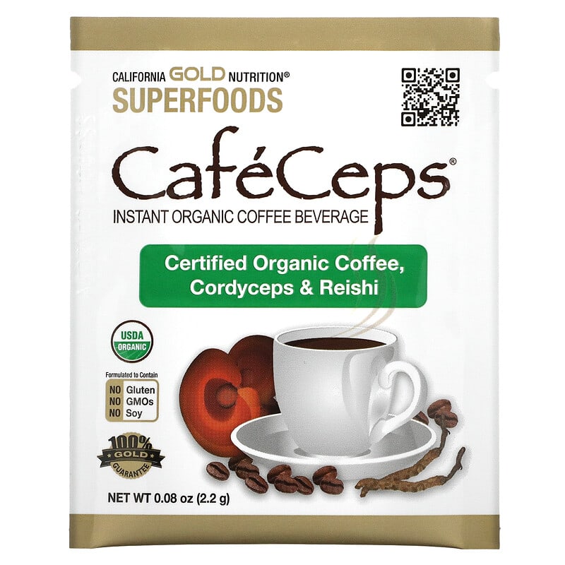 California Gold Nutrition, CafeCeps, Certified Organic Instant Coffee with Cordyceps and Reishi Mushroom Powder, 30 Packets, 0.08 oz (2.2 g) Each