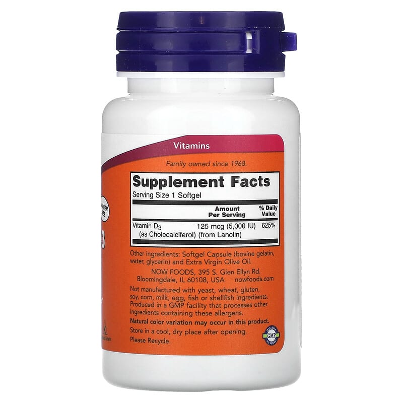 NOW Foods, Vitamin D-3, High Potency, 125 mcg (5,000 IU), 240 Softgels