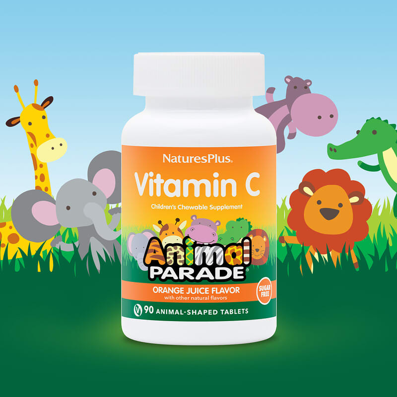 NaturesPlus, Animal Parade, Vitamin C Children's Chewable Supplement, Orange Juice, Sugar Free, 90 Animal-Shaped Tablets