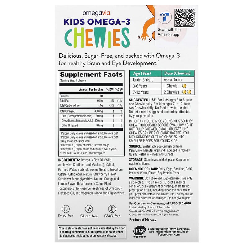 OmegaVia, Kids Omega-3 Chewies, Age 3+, Natural Fruit, 45 Chewies