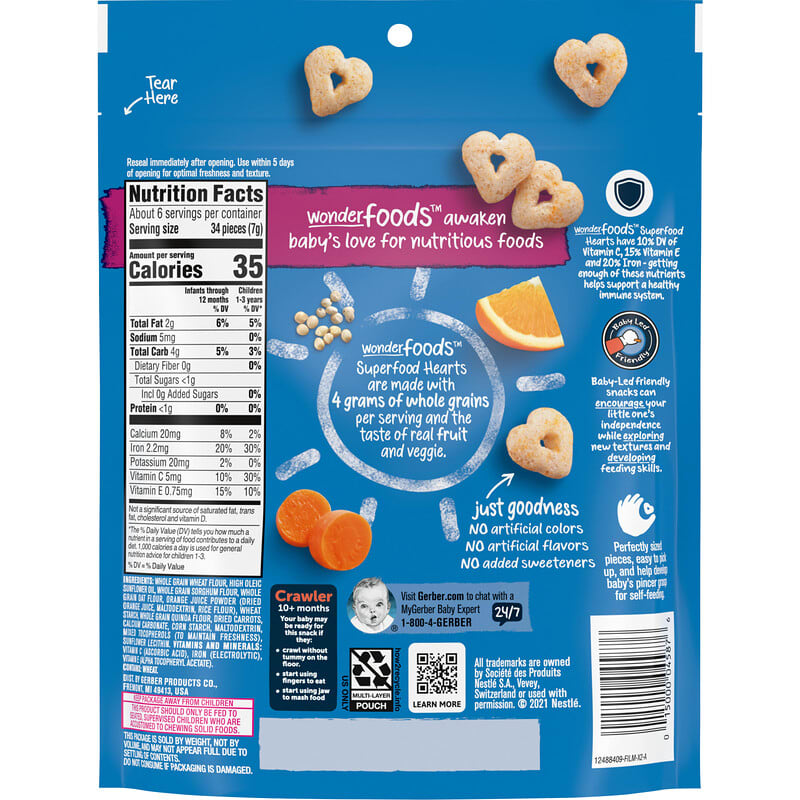 Gerber, Snacks for Baby, Wonder Foods, SuperFood Hearts, 10+ Months, Quinoa Orange and Carrot, 1.48 oz (42 g)