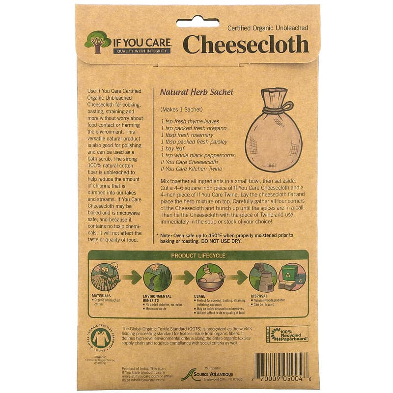 If You Care, Organic Cheesecloth, Unbleached, 2 sq yards, (72x36)