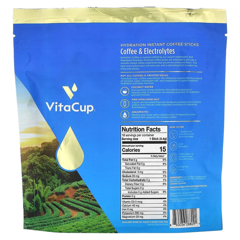 VitaCup, Hydration, Coffee & Electrolytes Instant Coffee, Medium Roast, 18 Single-Serve Sticks, 0.16 oz (4.4 g) Each