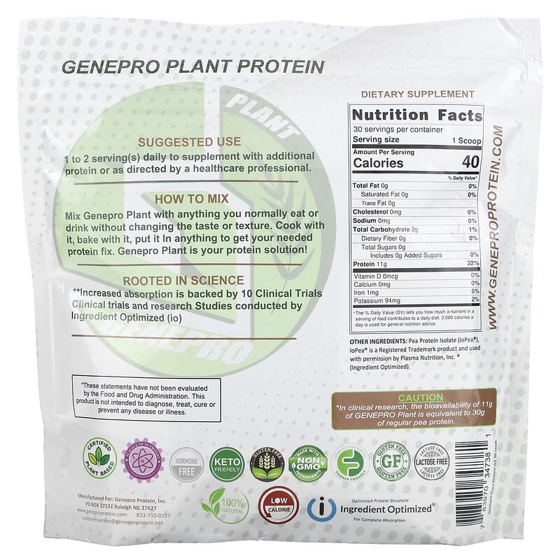 GENEPRO, Plant The Protein Solution, Unflavored, 325 g