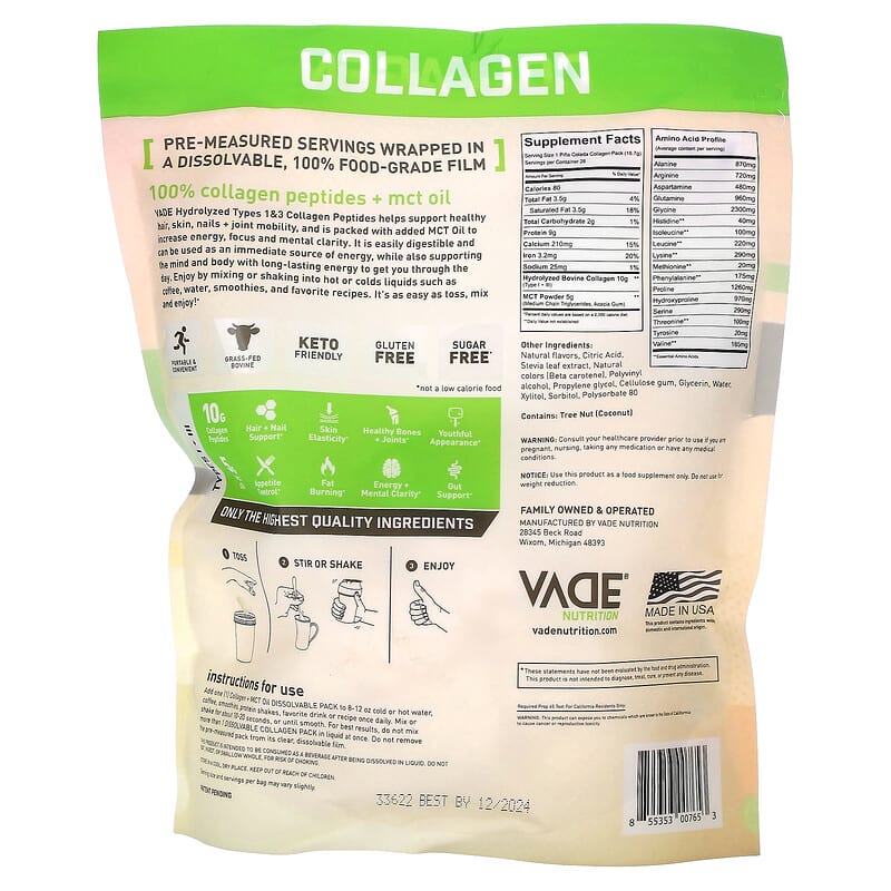 Vade Nutrition, Dissolvable Collagen Packs, Collagen + MCT Oil, Pina Colada, 1.03 lb (468 g)