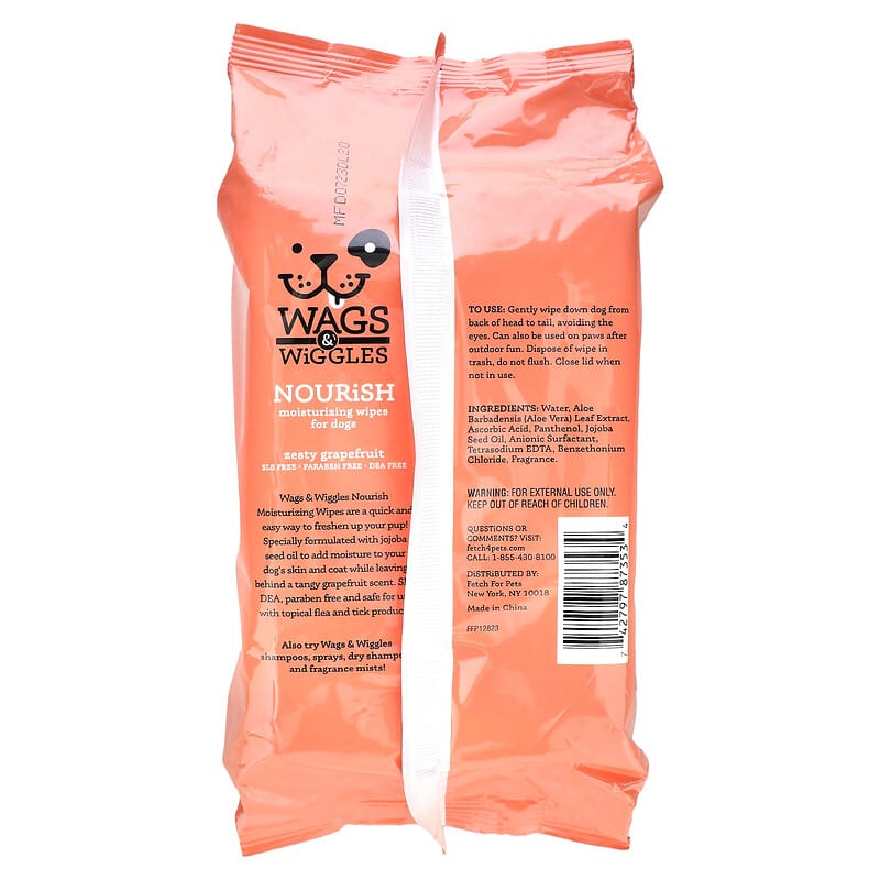 Wags & Wiggles, Nourish, Moisturizing Wipes For Dogs, Zesty Grapefruit, 100 Wipes