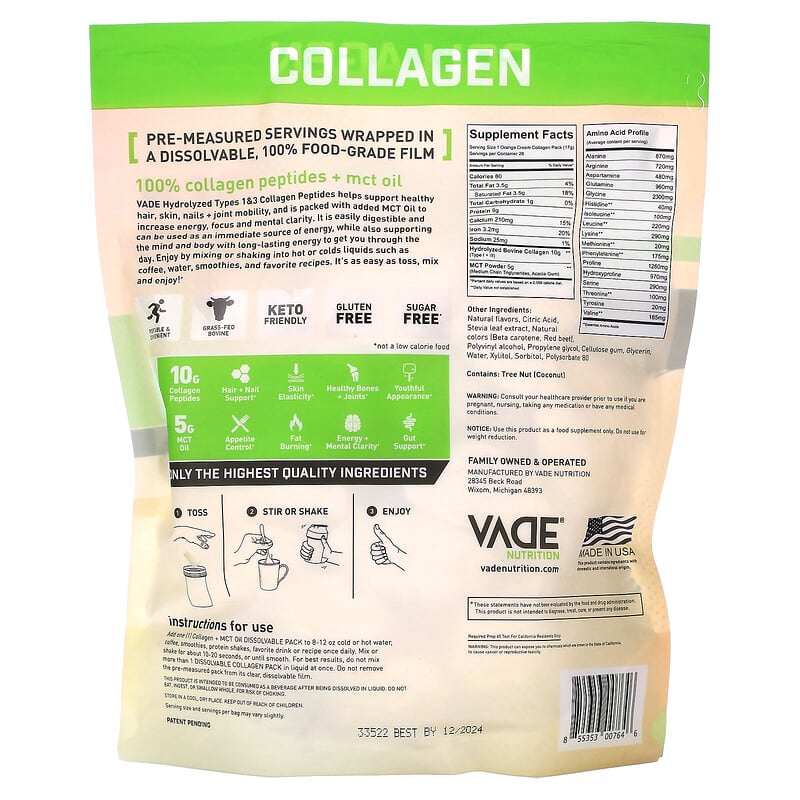 Vade Nutrition, Dissolvable Collagen Packs, Collagen + MCT Oil, Orange Cream, 1.05 lb (476 g)