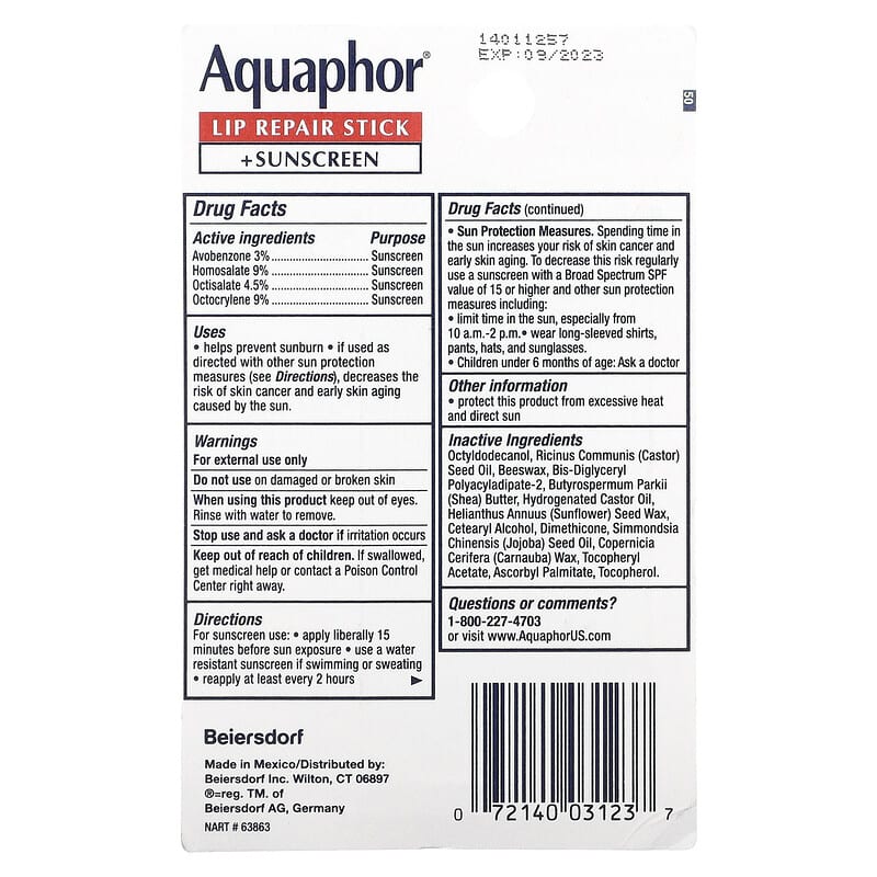 Aquaphor, Lip Repair Stick + Sunscreen, SPF 30, Fragrance Free, Dual Pack, 2 Sticks, 0.17 oz (4.8 g) Each