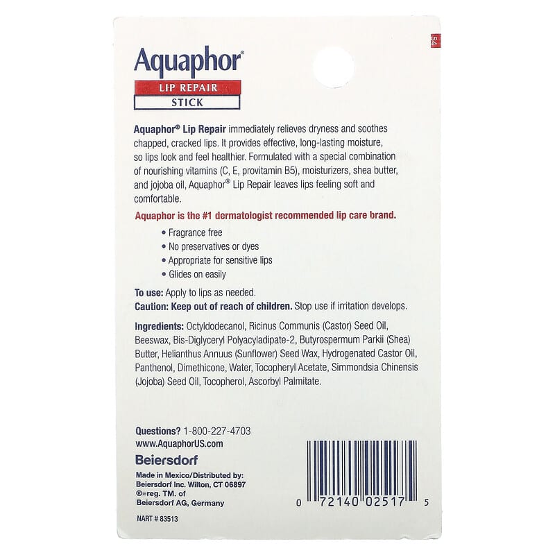 Aquaphor, Lip Repair Stick, Immediate Relief, 2 Sticks, 0.17 oz (4.8 g)