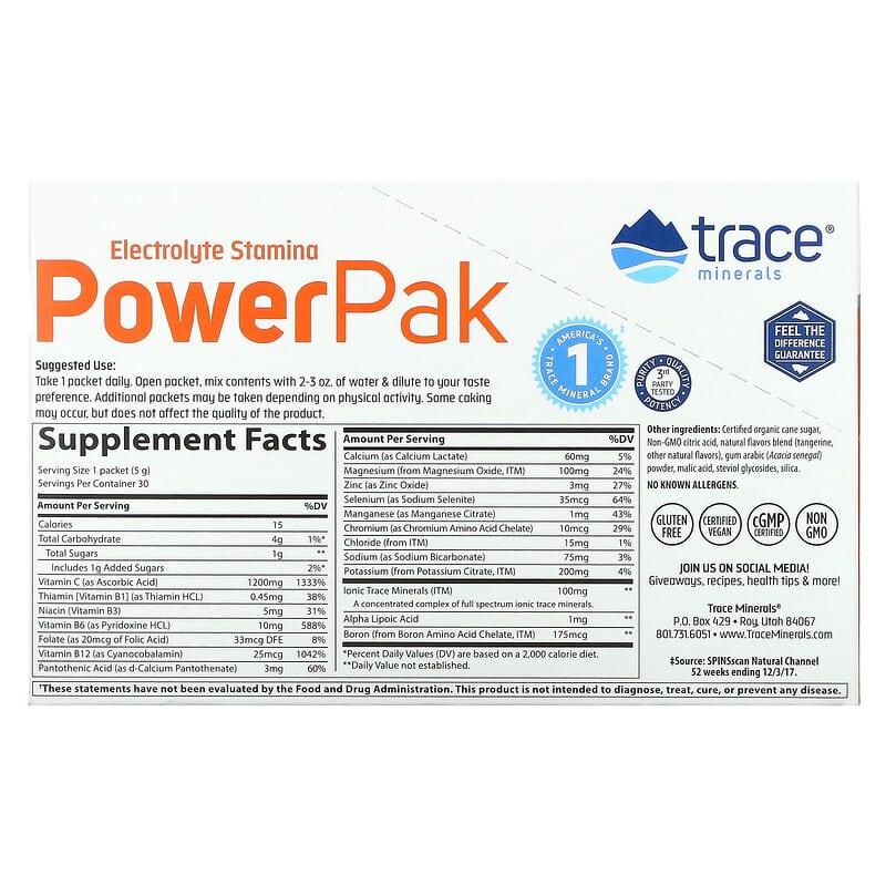 Trace Minerals ®, Electrolyte Stamina PowerPak, Tangerine, 30 Packets, 0.18 oz (5 g) Each