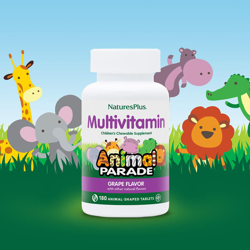 NaturesPlus, Animal Parade, Children's Chewable Multivitamin Supplement, Grape, 180 Animal-Shaped Tablets