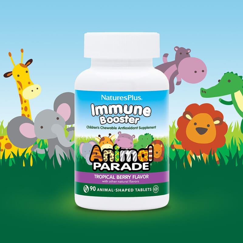 NaturesPlus, Animal Parade, Kids Immune Booster, Tropical Berry, 90 Animal-Shaped Tablets