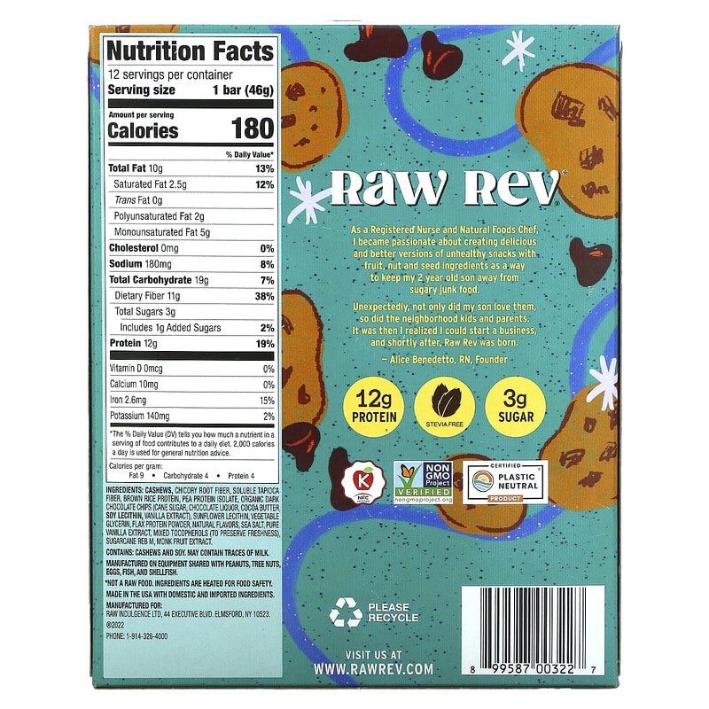 Raw Rev, Plant-Based Protein Bar, Chocolate Chip Cookie Dough, 12 Bars, 1.6 oz (46 g) Each