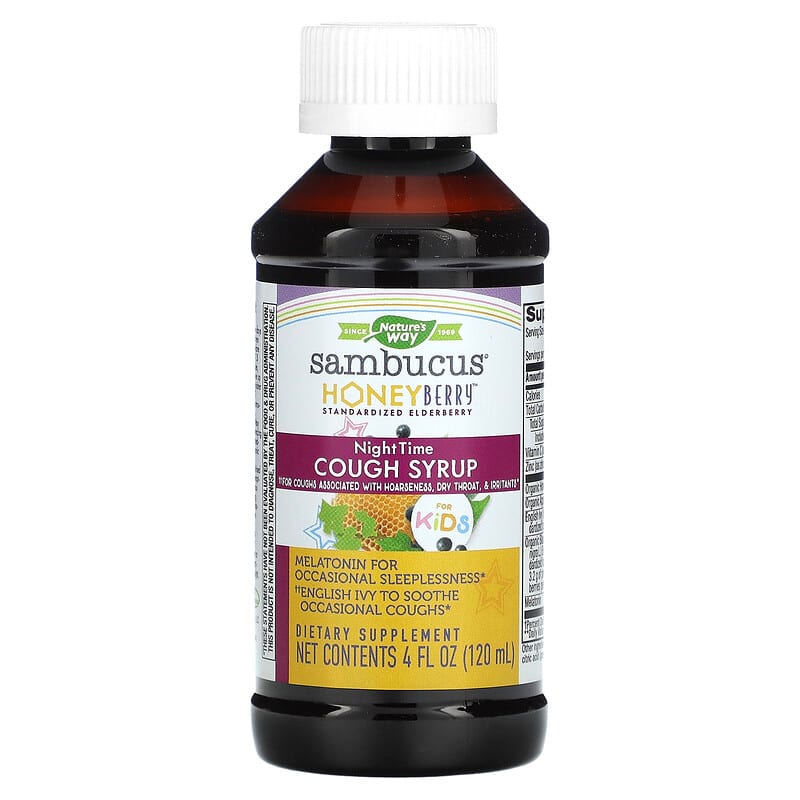 Nature's Way, Sambucus for Kids,  HoneyBerry NightTime Cough Syrup, 4 fl oz (120 ml)