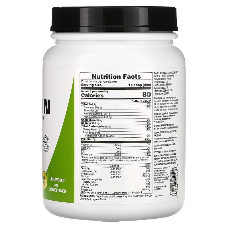 NaturesPlus, Organic Pea Protein Powder, 1.1 lbs (500 g)