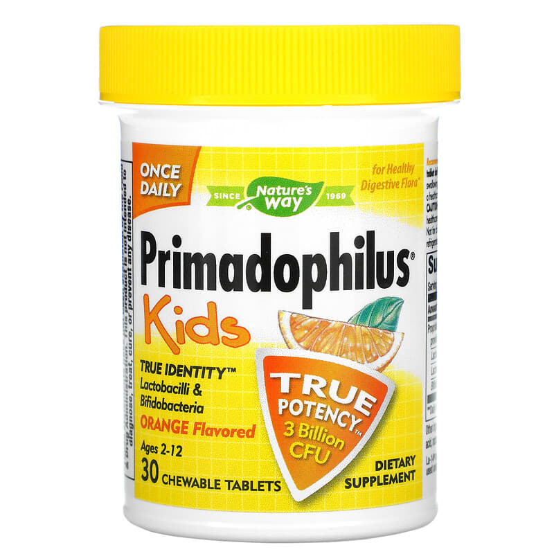 Nature's Way, Primadophilus, Kids, Age 2-12, Orange Flavored, 3 Billion CFU, 30 Chewable Tablets