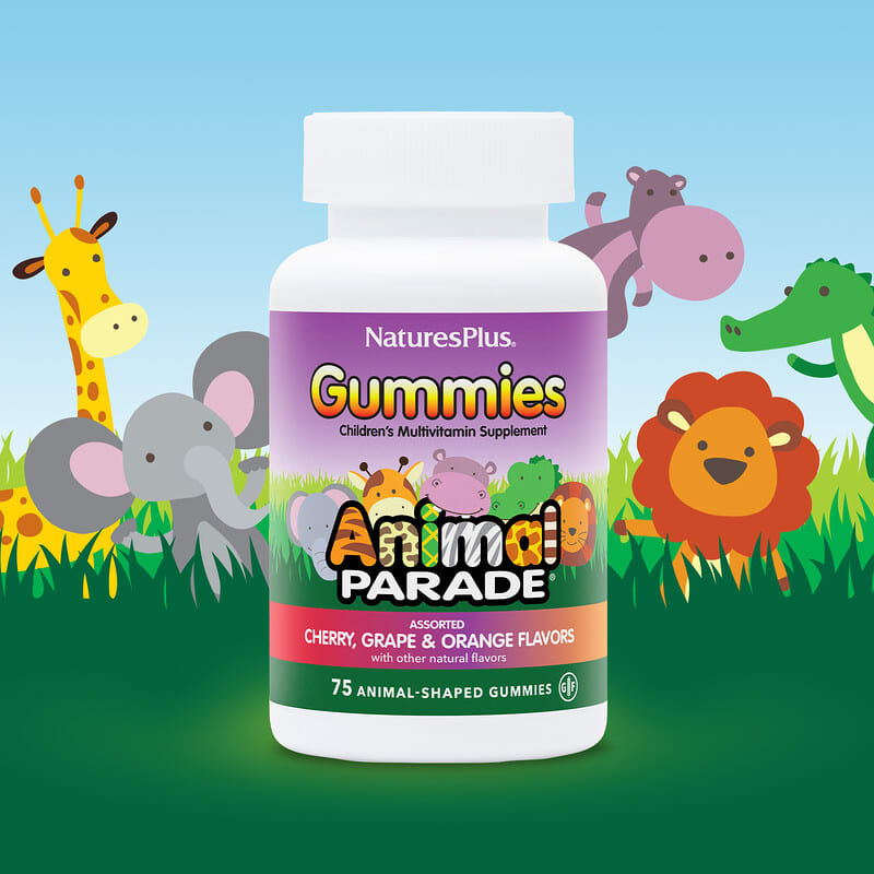 NaturesPlus, Animal Parade Gummies, Children's Multivitamin, Assorted Flavors, 75 Animal-Shaped Gummies