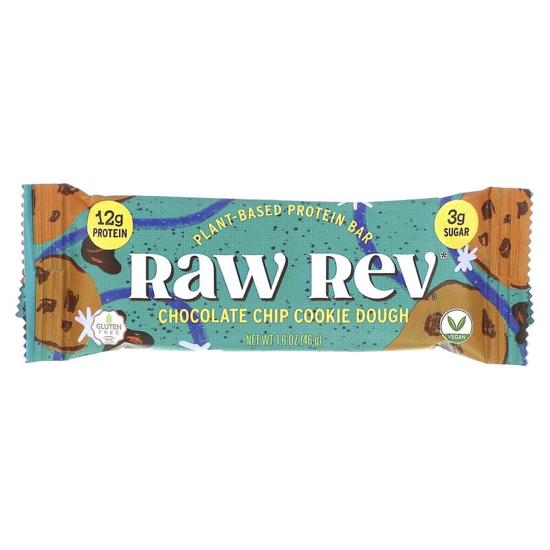 Raw Rev, Plant-Based Protein Bar, Chocolate Chip Cookie Dough, 12 Bars, 1.6 oz (46 g) Each