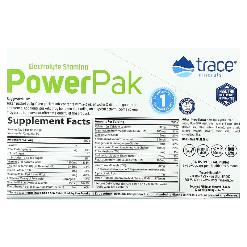 Trace Minerals ®, Electrolyte Stamina PowerPak, Lemon Lime, 30 Packets, 0.17 oz (4.9 g) Each