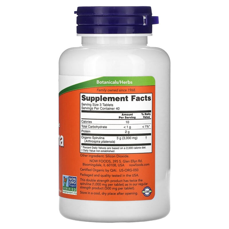 NOW Foods, Certified Organic Spirulina, Double Strength, 1,000 mg, 120 Tablets