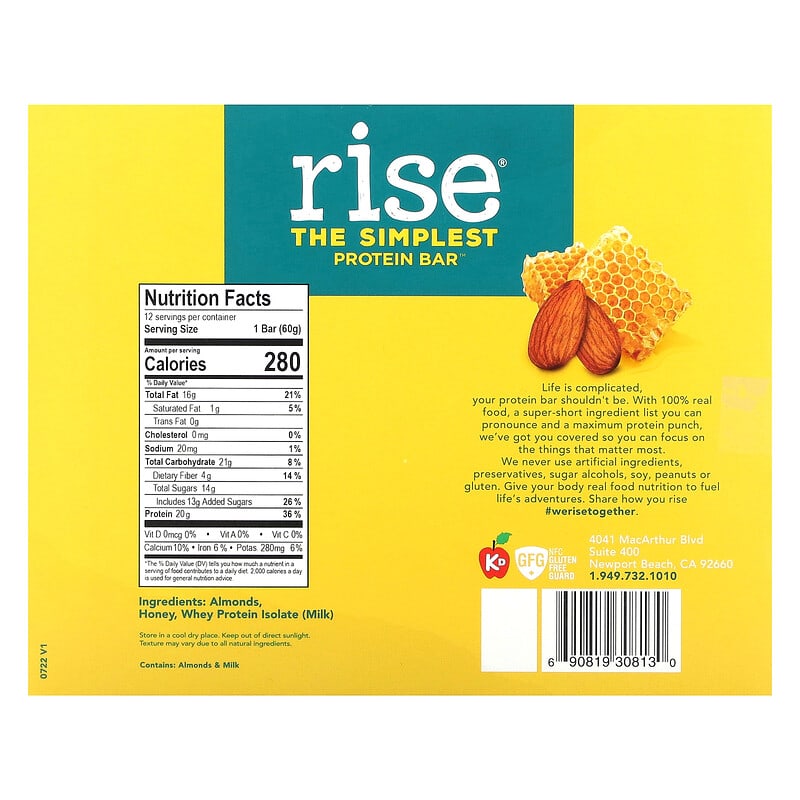 Rise Bar, The Simplest Protein Bar, Almond Honey, 12 Bars, 2.1 oz (60 g) Each