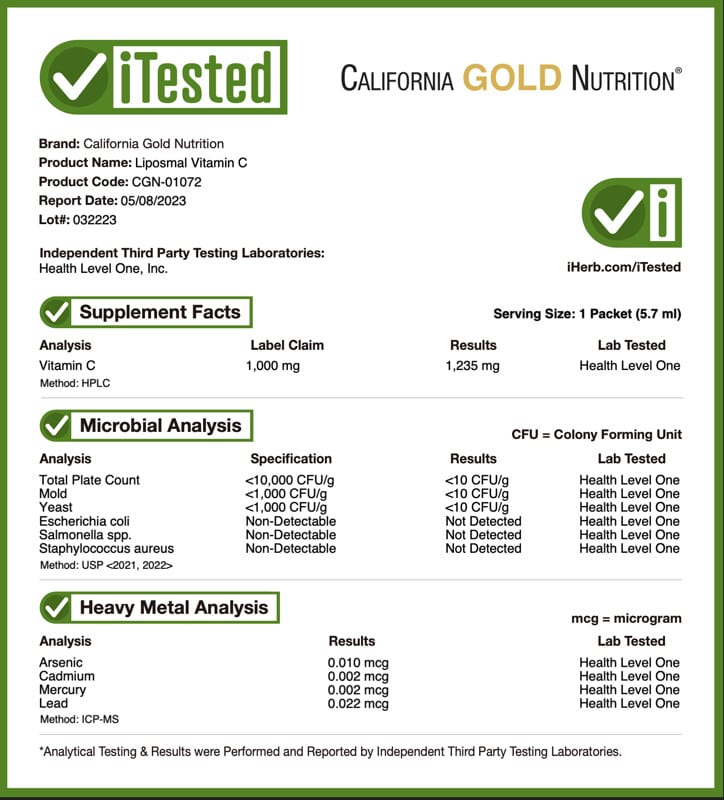 California Gold Nutrition, Liposomal Vitamin C, 1,000 mg, 30 Packets, 0.2 fl oz (6 ml) Each