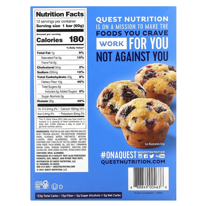 Quest Nutrition, Protein Bar, Blueberry Muffin, 12 Bars, 2.12 oz (60 g) Each