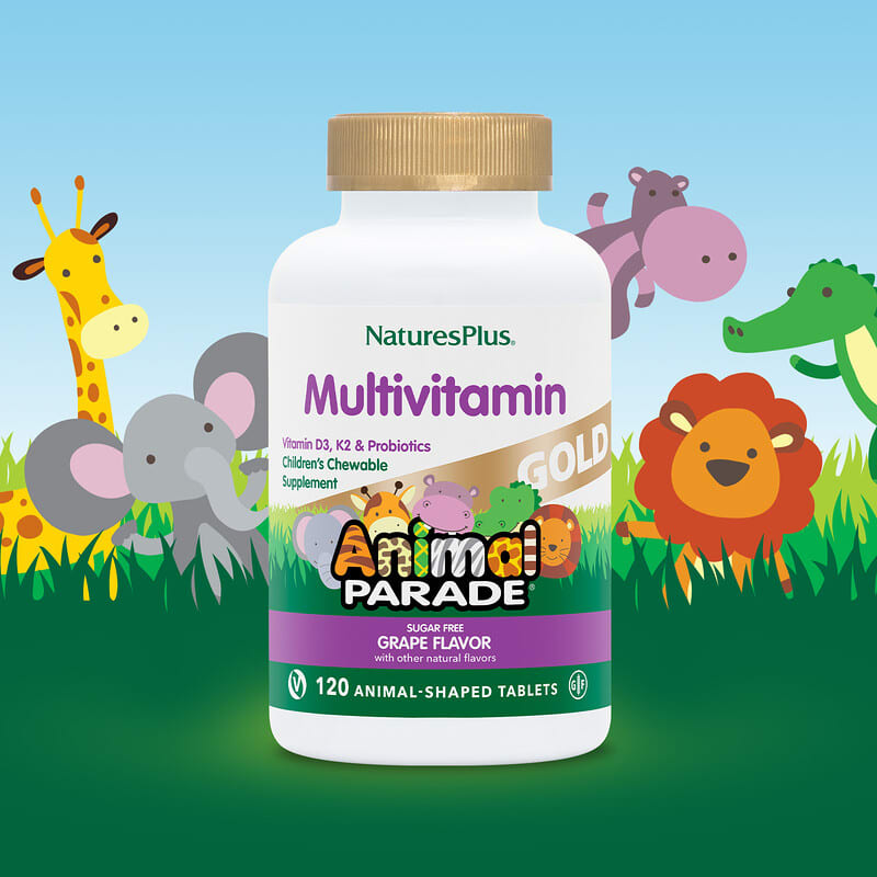 NaturesPlus, Animal Parade Gold, Children's Multivitamin Chewable Supplement, Grape, 120 Animal-Shaped Tablets